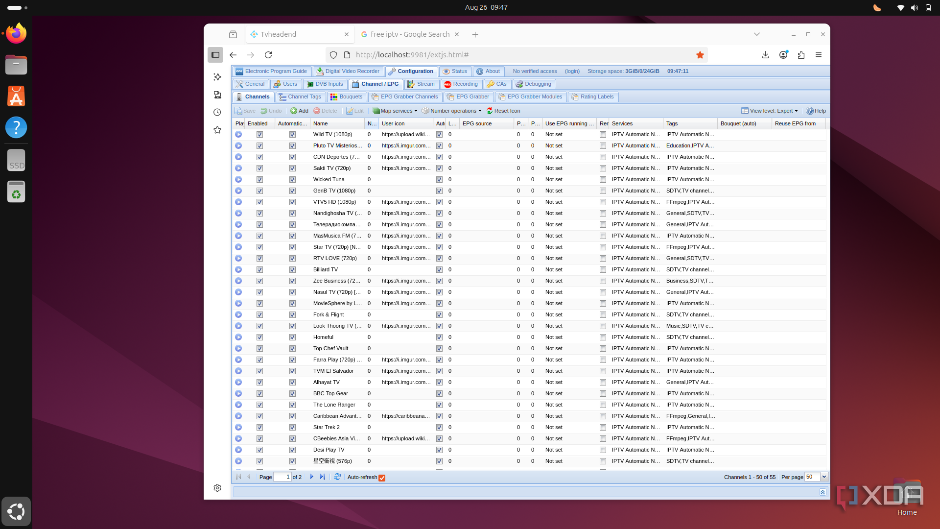 screenshot showing IPTV channels in TVH