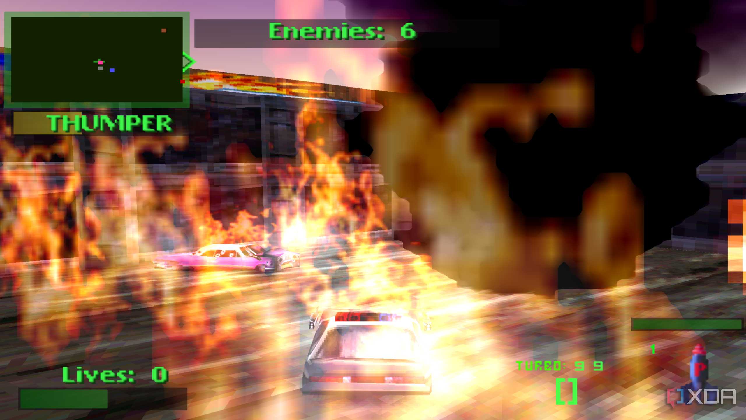 No damage taken in fire through invincibility in Twisted Metal II.