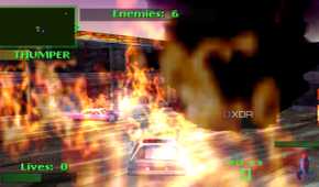 No damage taken in fire through invincibility in Twisted Metal II.