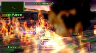 No damage taken in fire through invincibility in Twisted Metal II.