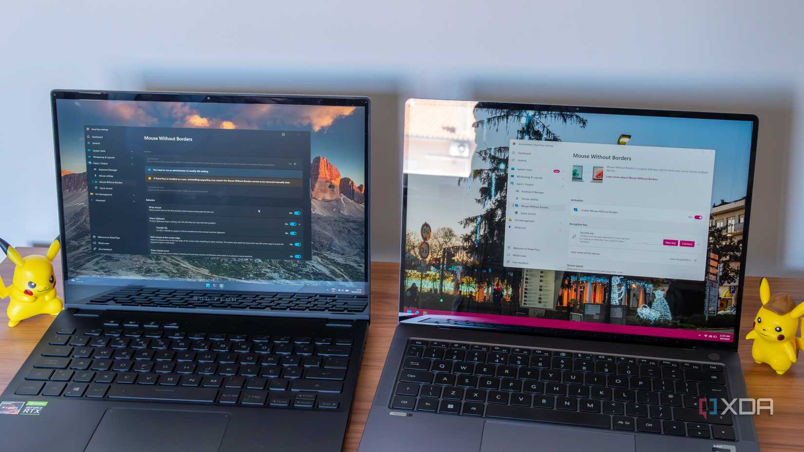 Two Windows laptops showing Mouse Without Borders settings when connected to each other