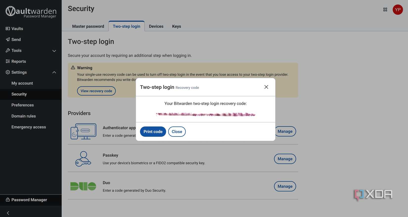 Código de inicio de sesión maestro en 2FA para Vaultwarden