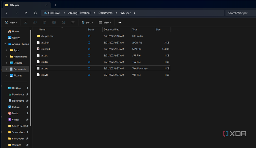 Carpeta de Whisper en el administrador de archivos.