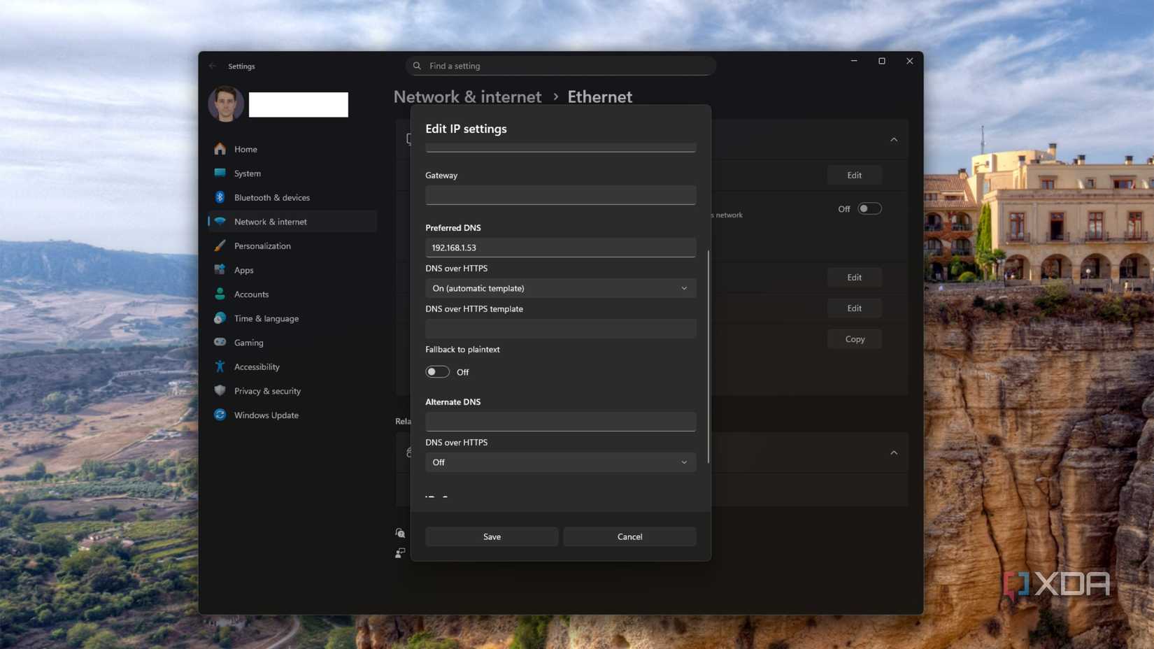 Windows ethernet settings with the dns server option filled in