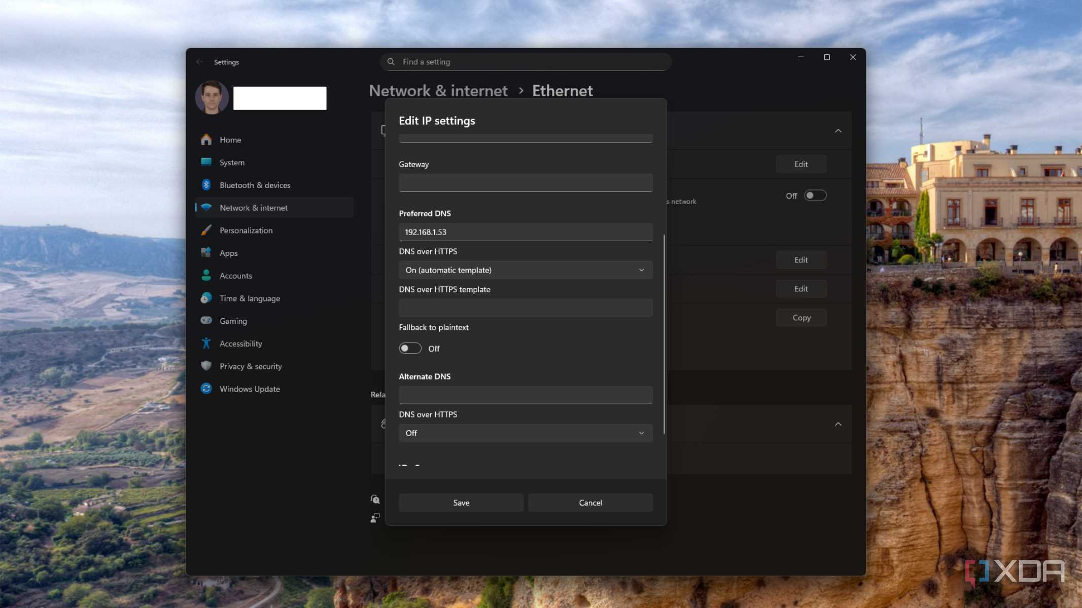 Windows ethernet settings with the dns server option filled in