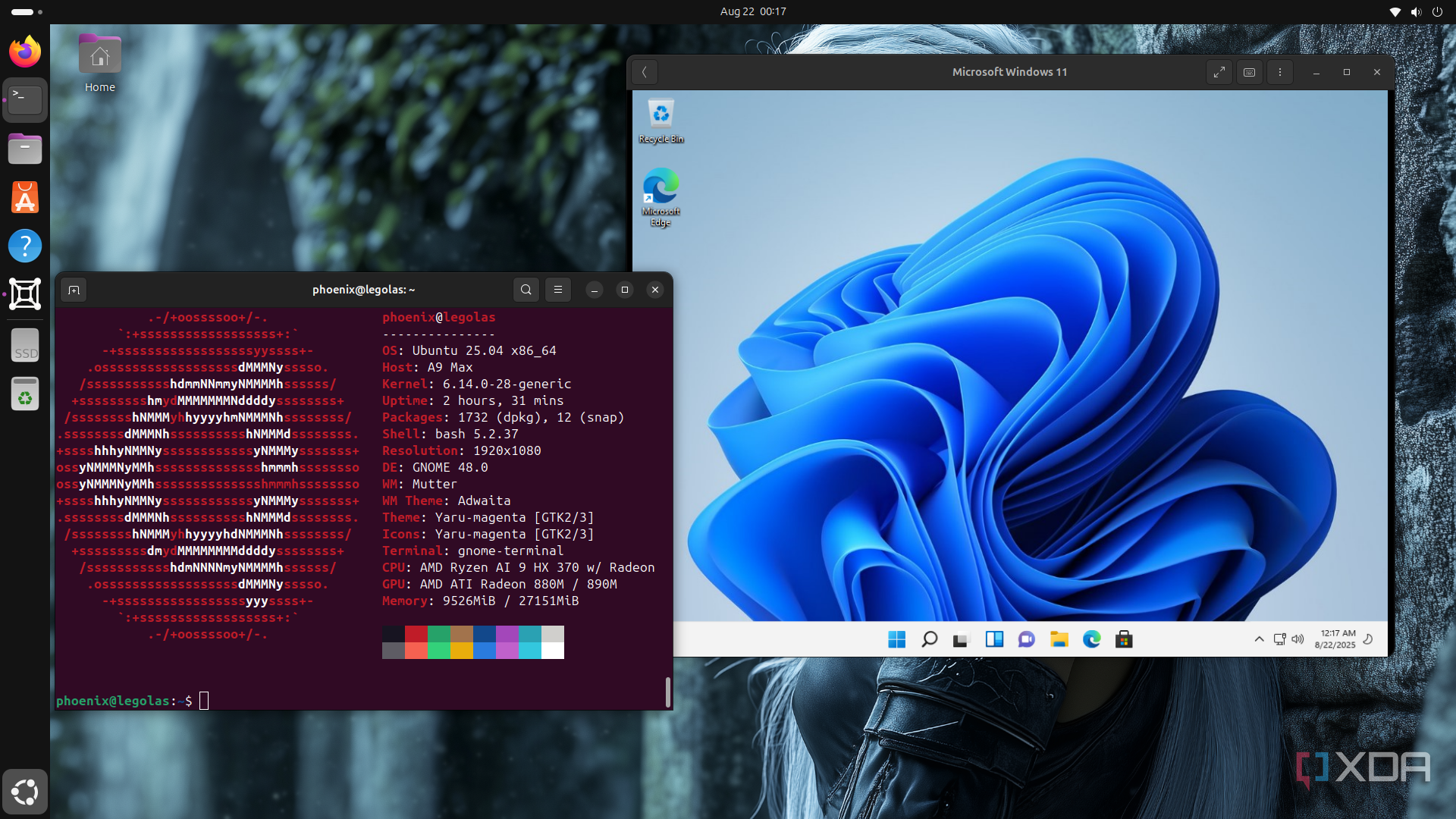 Windows 11 running in Gnome-Boxes alongside Ubuntu Terminal