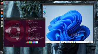 Windows 11 running in Gnome-Boxes alongside Ubuntu Terminal