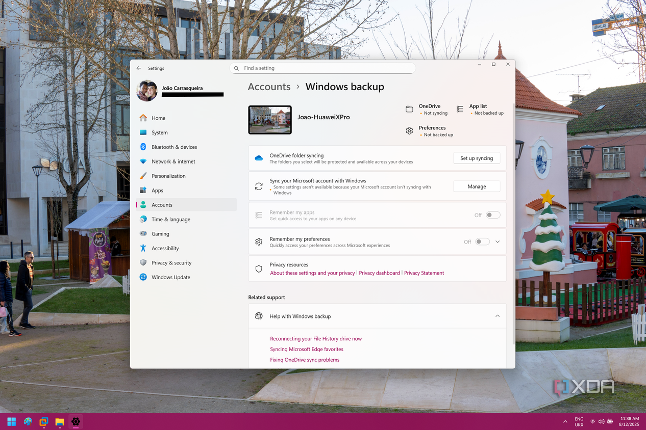 Screenshot of Windows backup settings showing the backup options are disabled