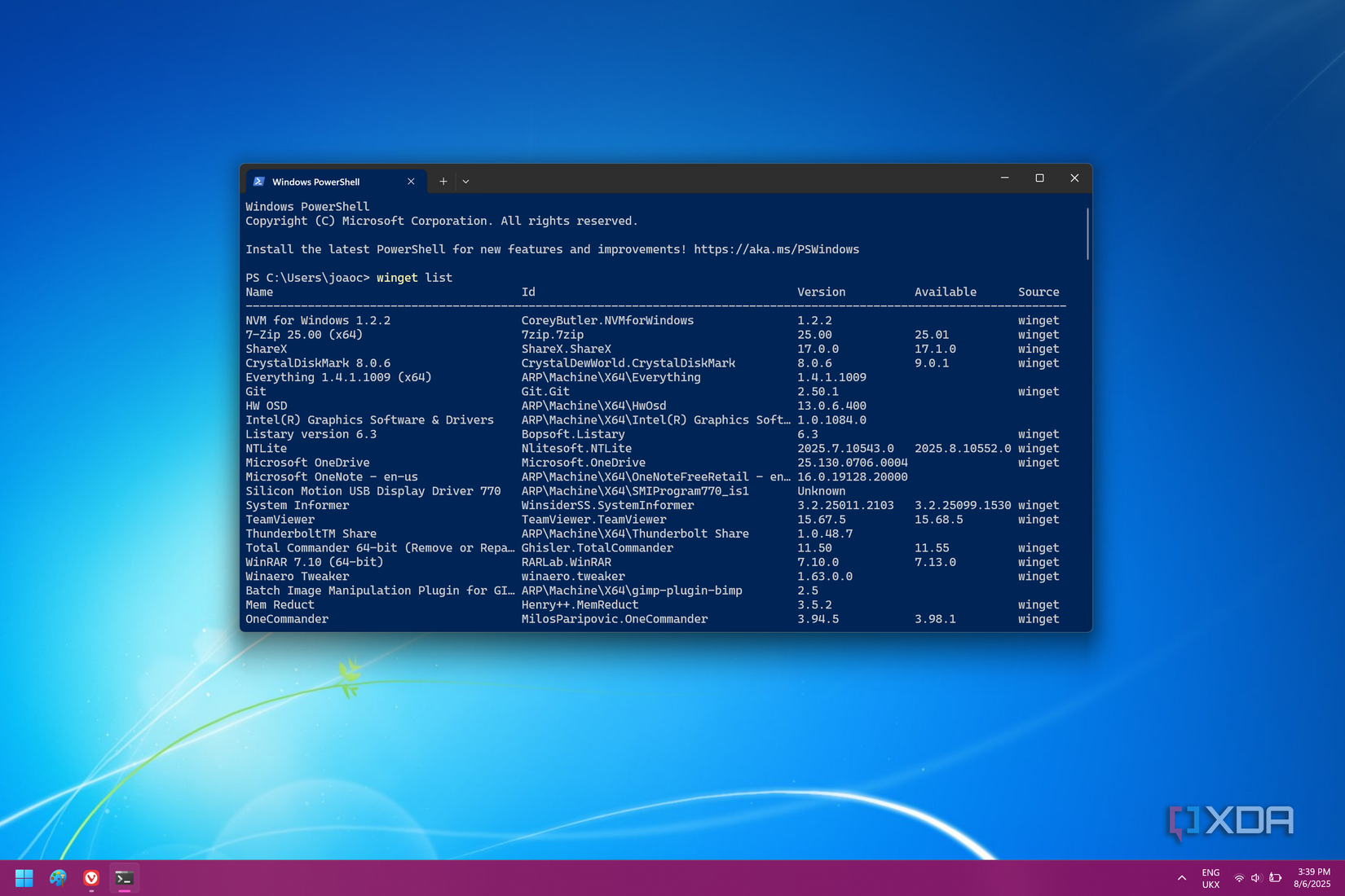 Screenshot of Windows Terminal showing a list of installed apps on a computer using a winget command