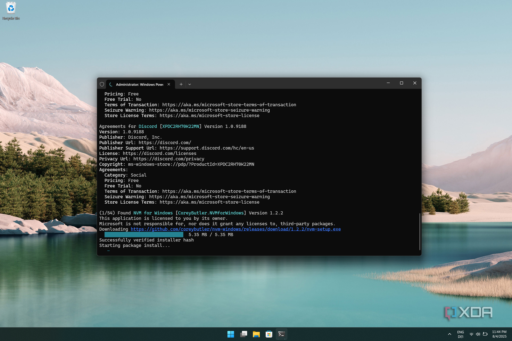 Screenshot of Windows Terminal installing multiple apps in one go using an import command