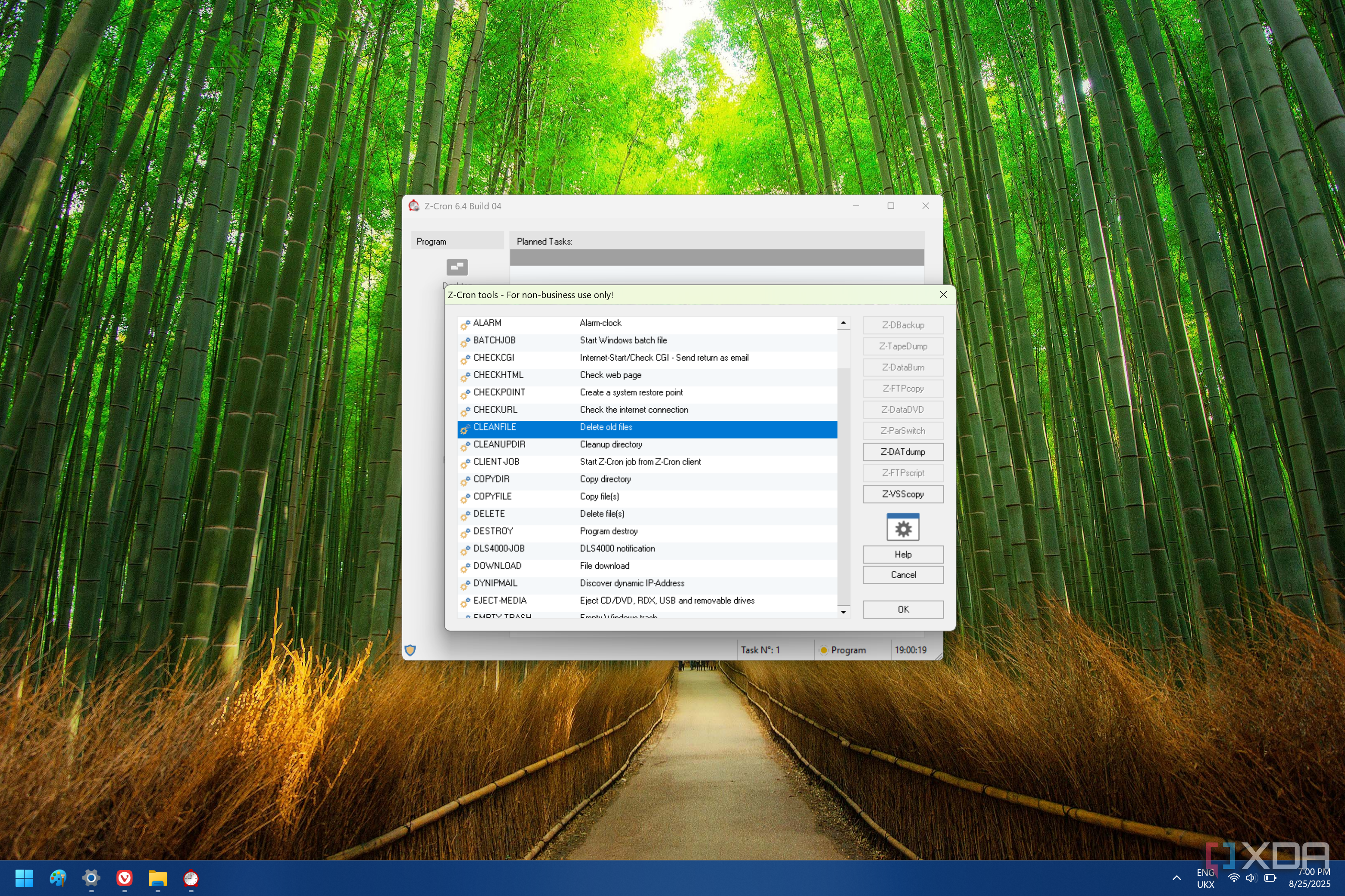 Screenshot of Z-Cron showing available actions for a task to take