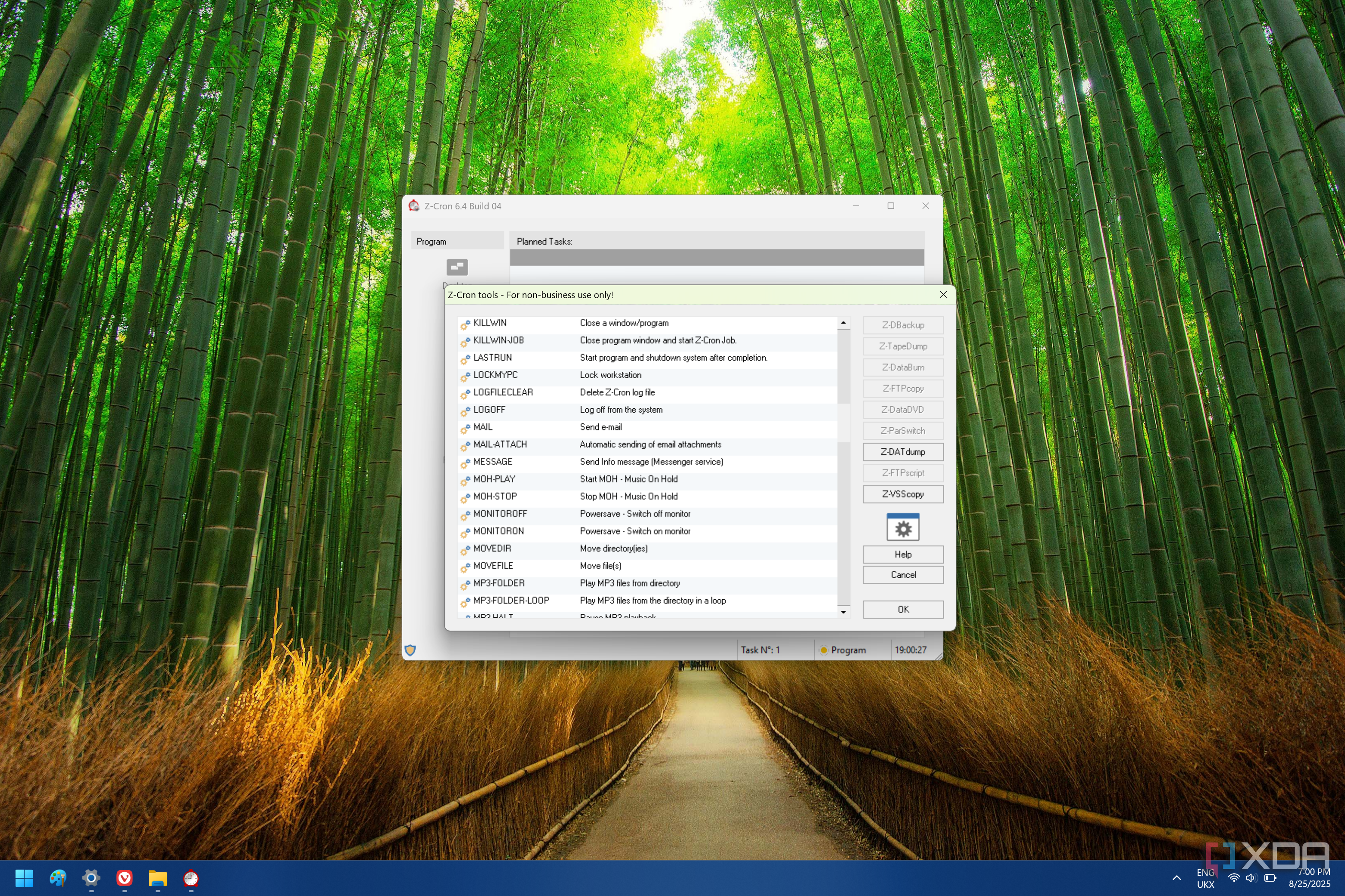 Screenshot of Z-Cron showing available actions for a task to take