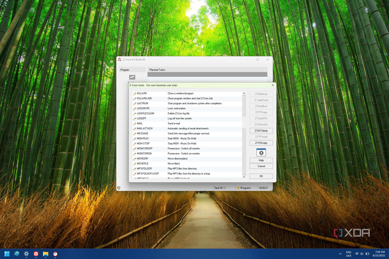 Screenshot of Z-Cron showing available actions for a task to take