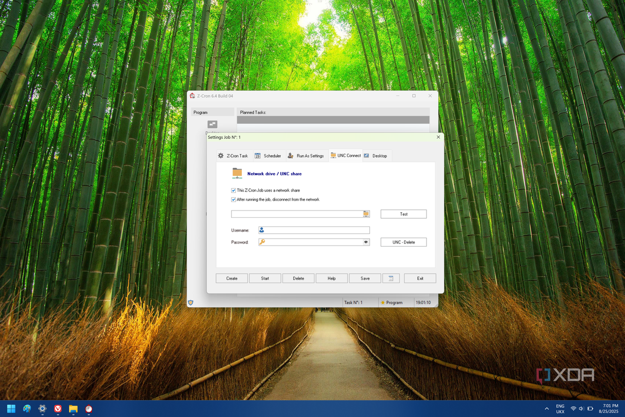 Screenshot of Z-Cron showing network settings for a task