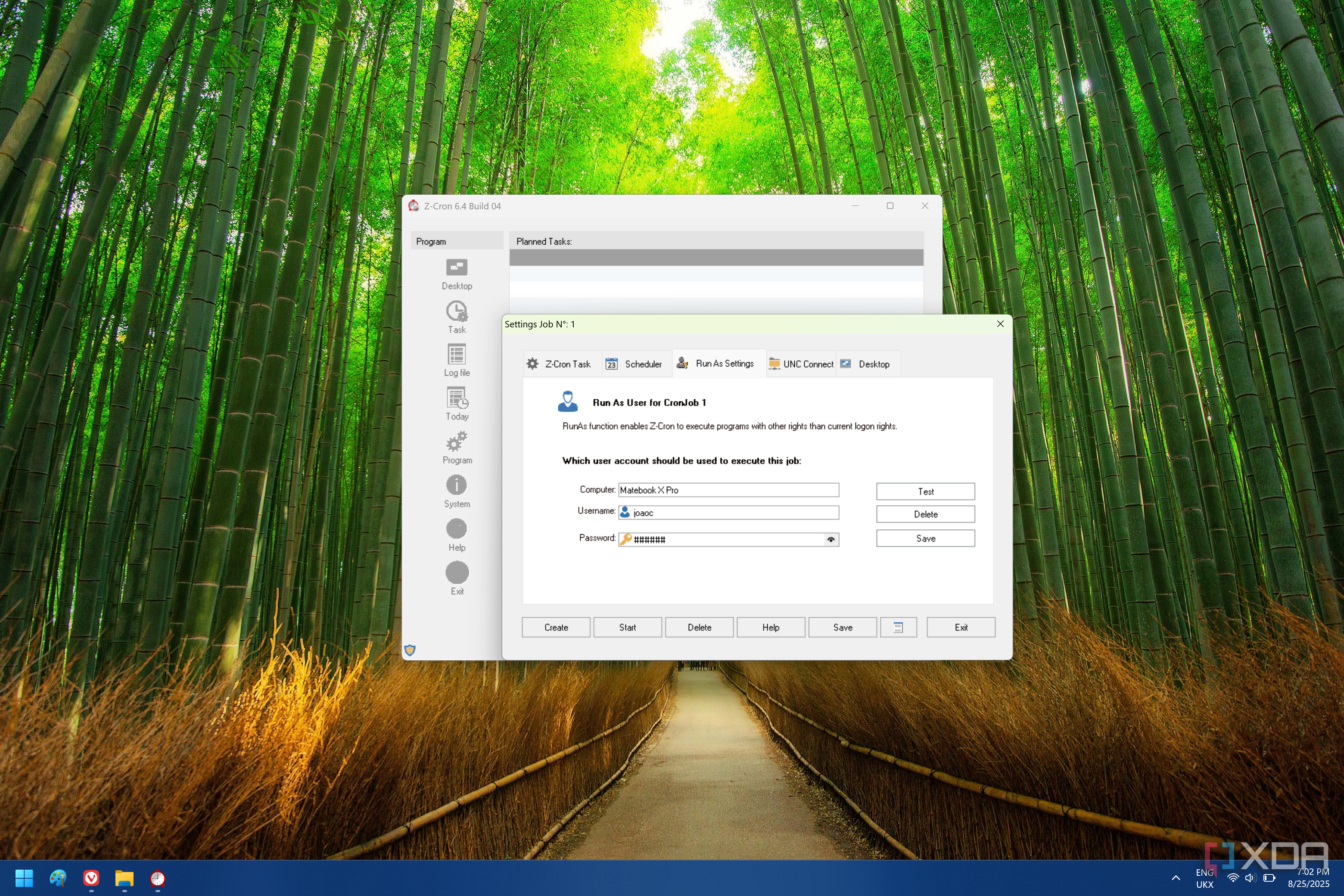 Screenshot of Z-Cron showing account settings for a RunAs job