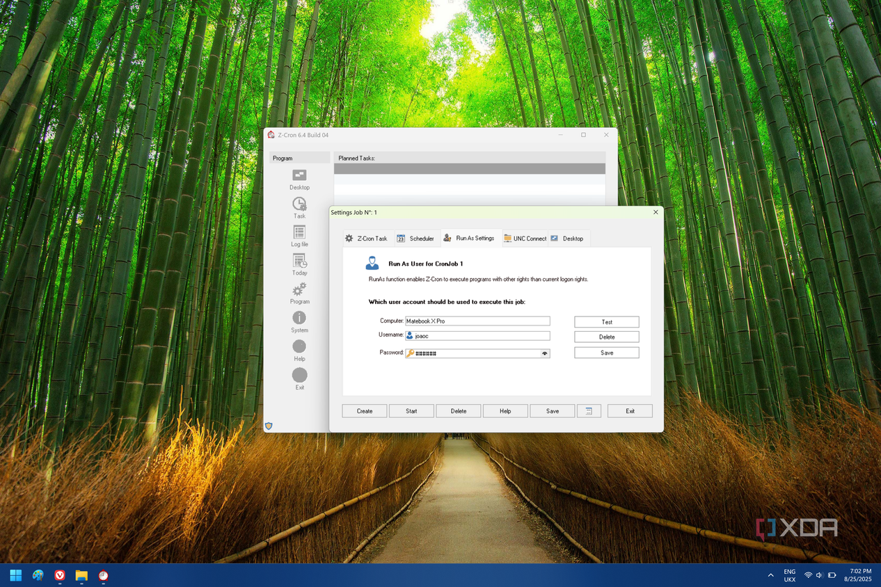 Screenshot of Z-Cron showing account settings for a RunAs job