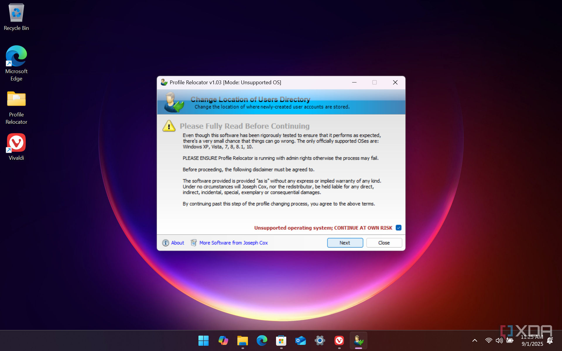 shows Profile Relocator warning agree EULA