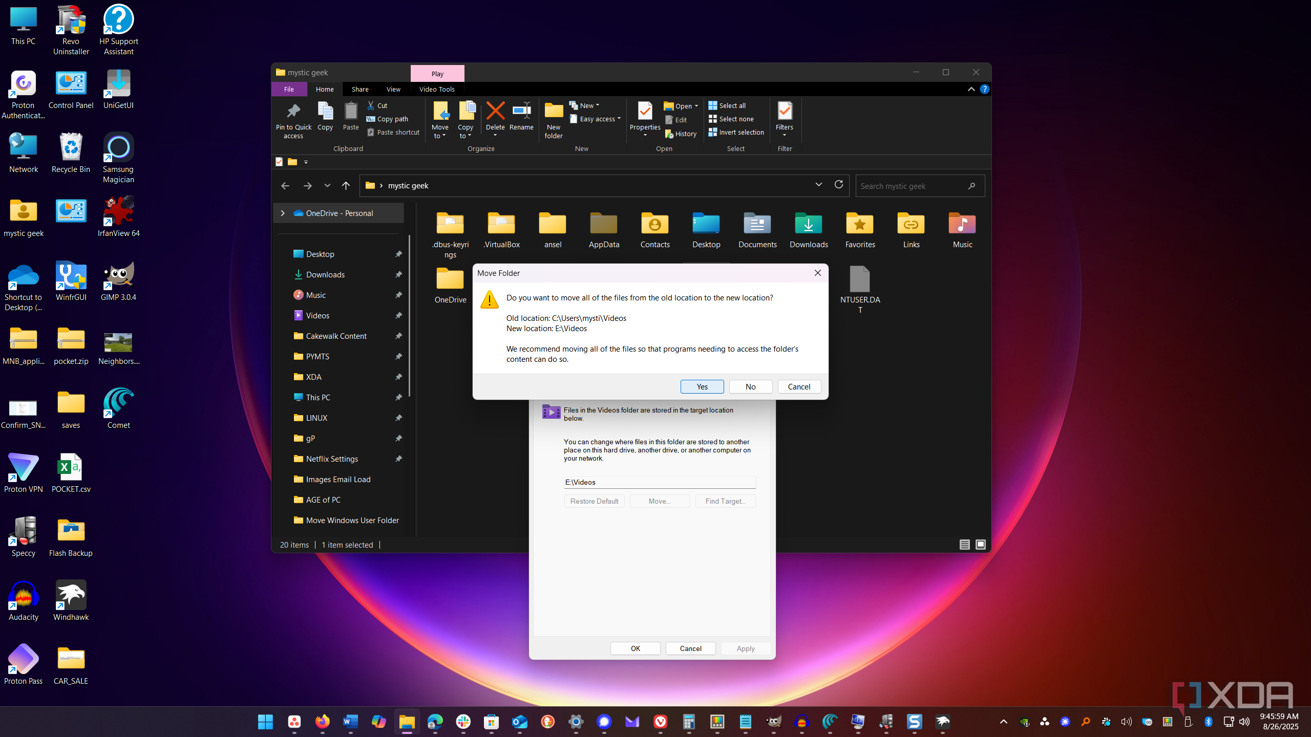 shows clicking verification message to move default user folder