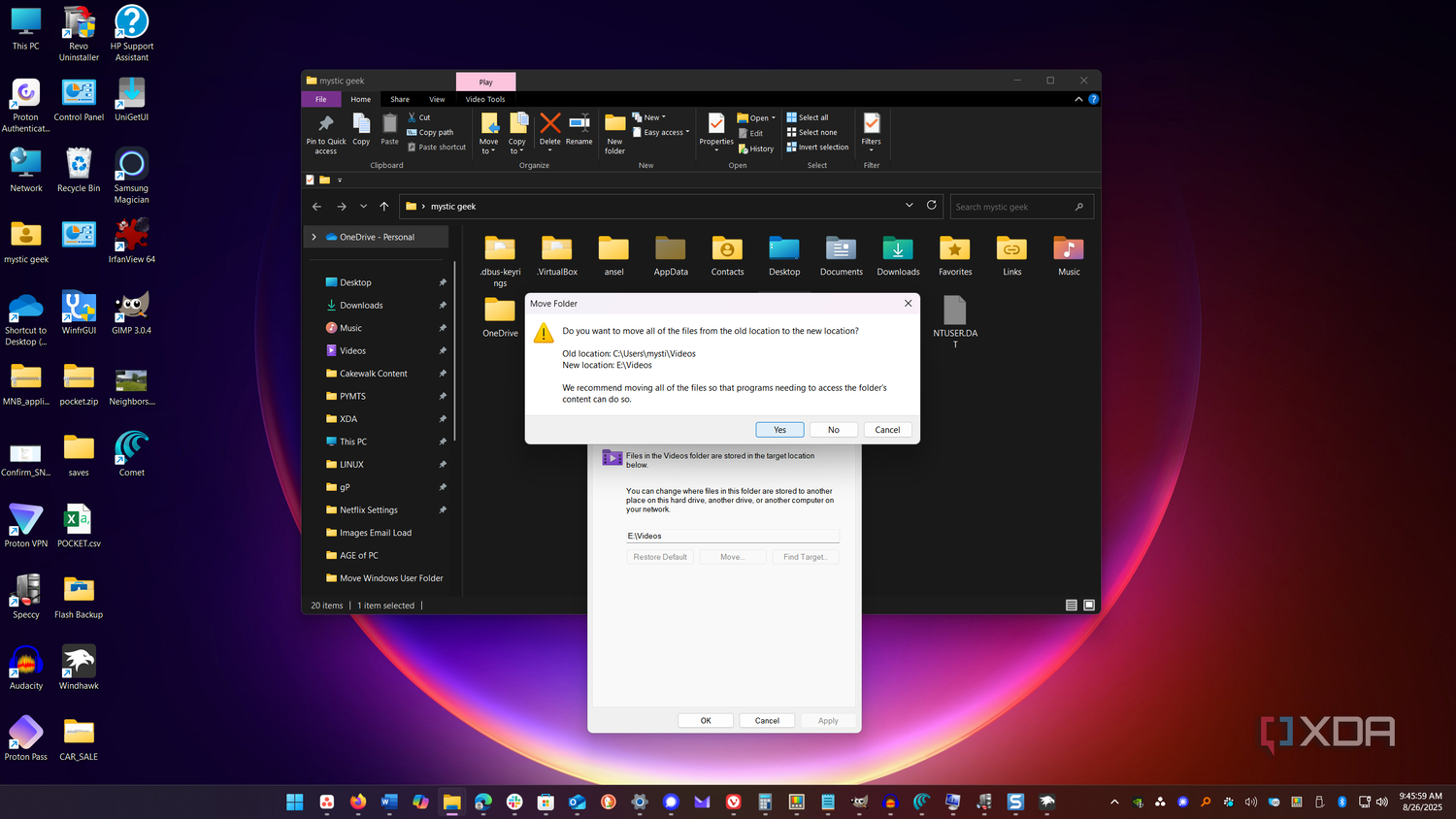 shows clicking verification message to move default user folder