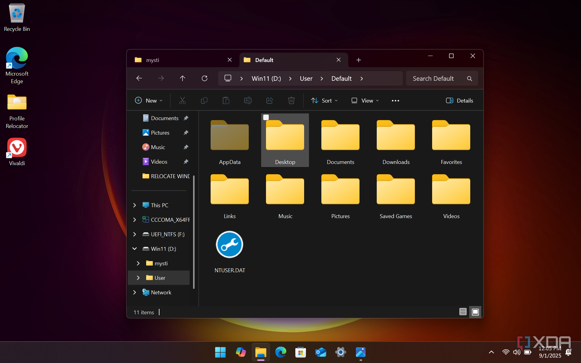 shows empty user folder relocated to separate SSD