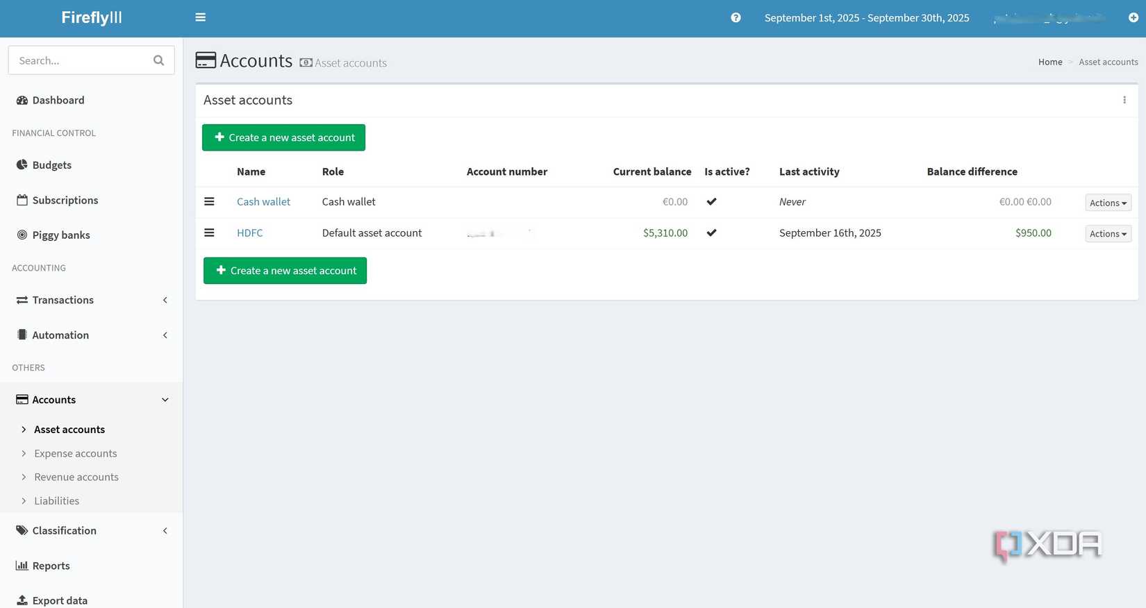 Datos de cuentas en Firefly III