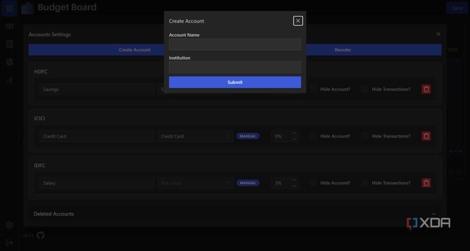 Add new account in Budget Board