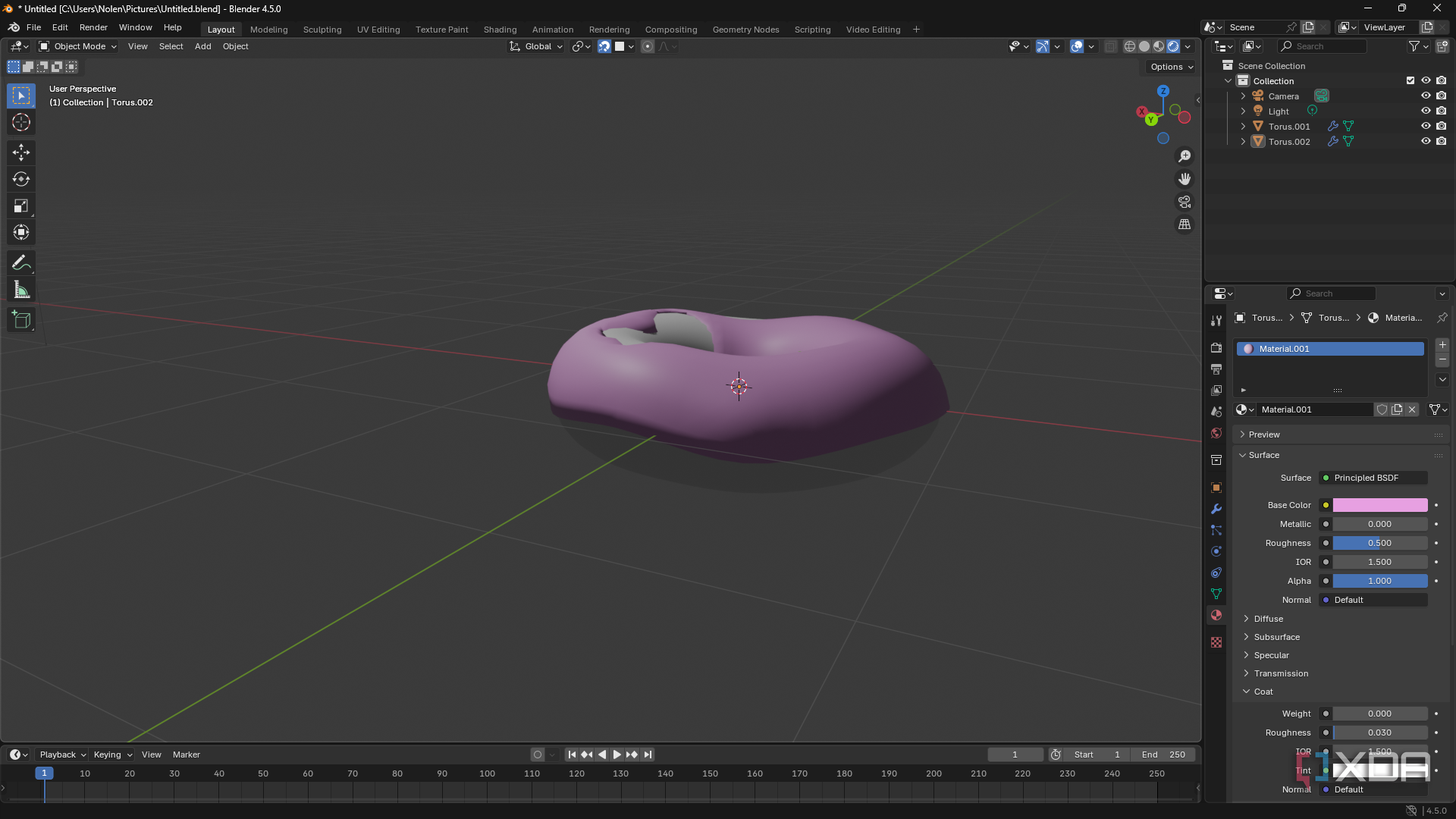 Adding material to donut model in Blender