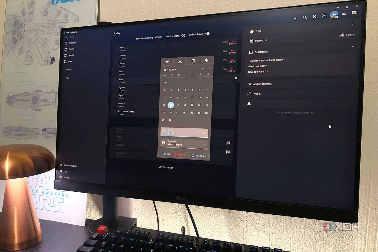 Adding reminder to Super Productivity on desktop pc, lamp in view