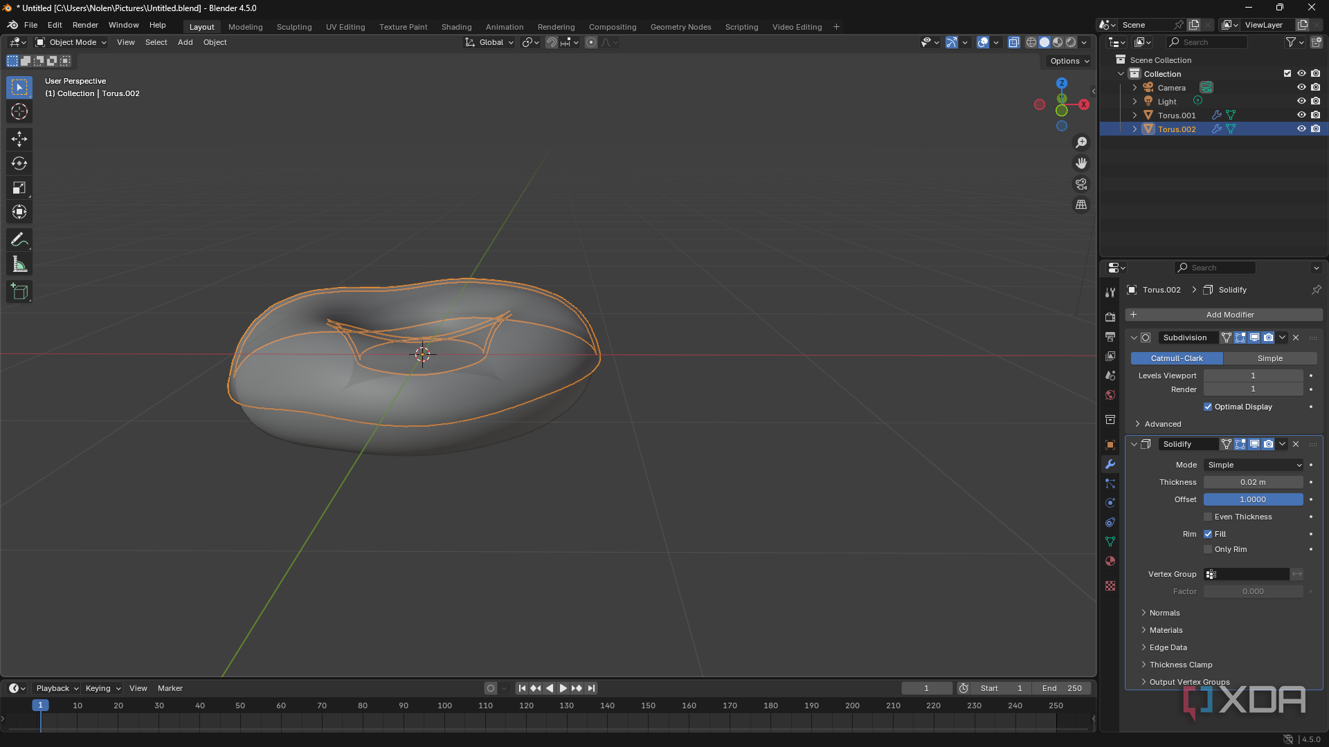Adding Solidify modifier in Blender, donut shape in canvas