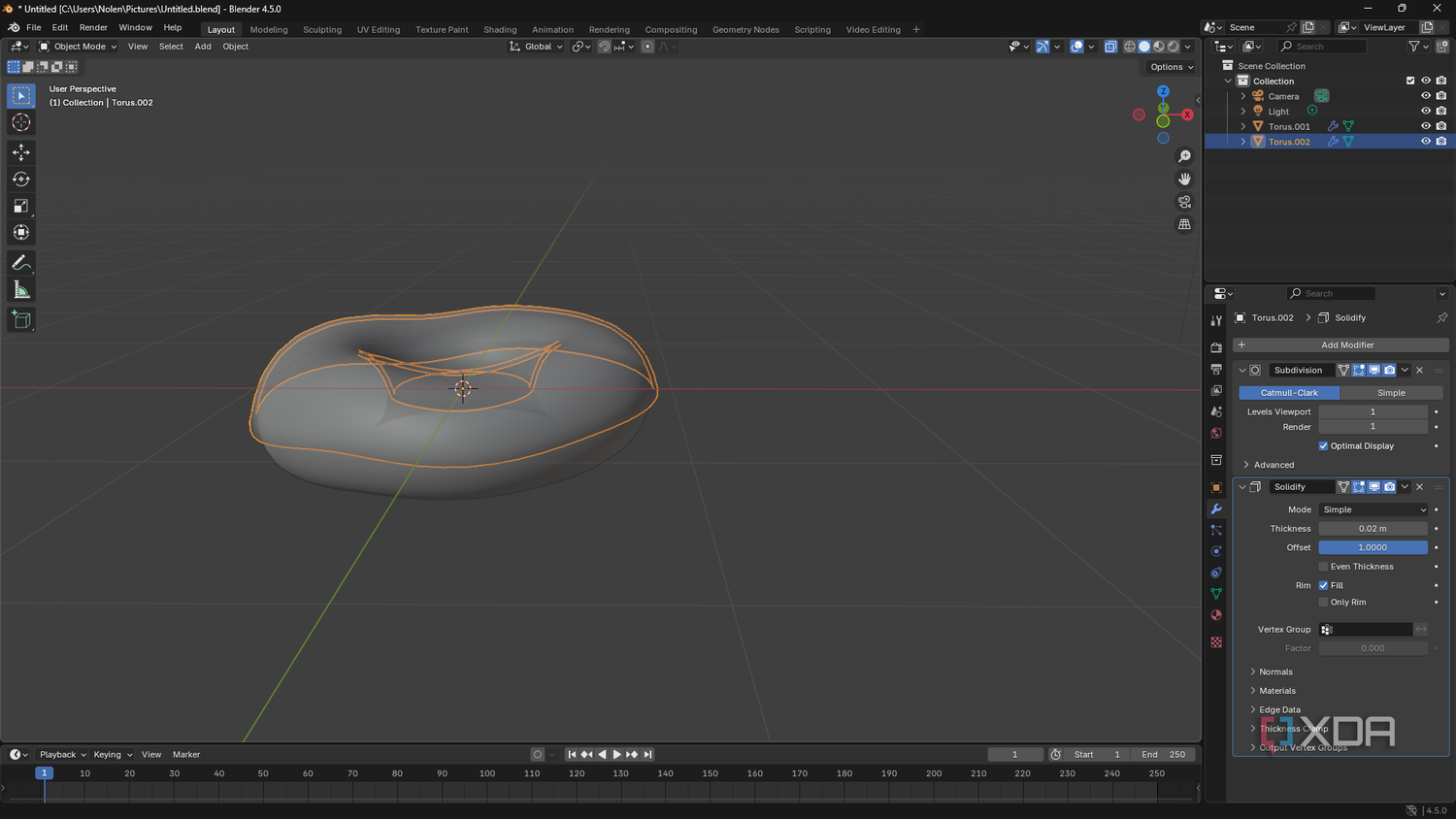 Adding Solidify modifier in Blender, donut shape in canvas