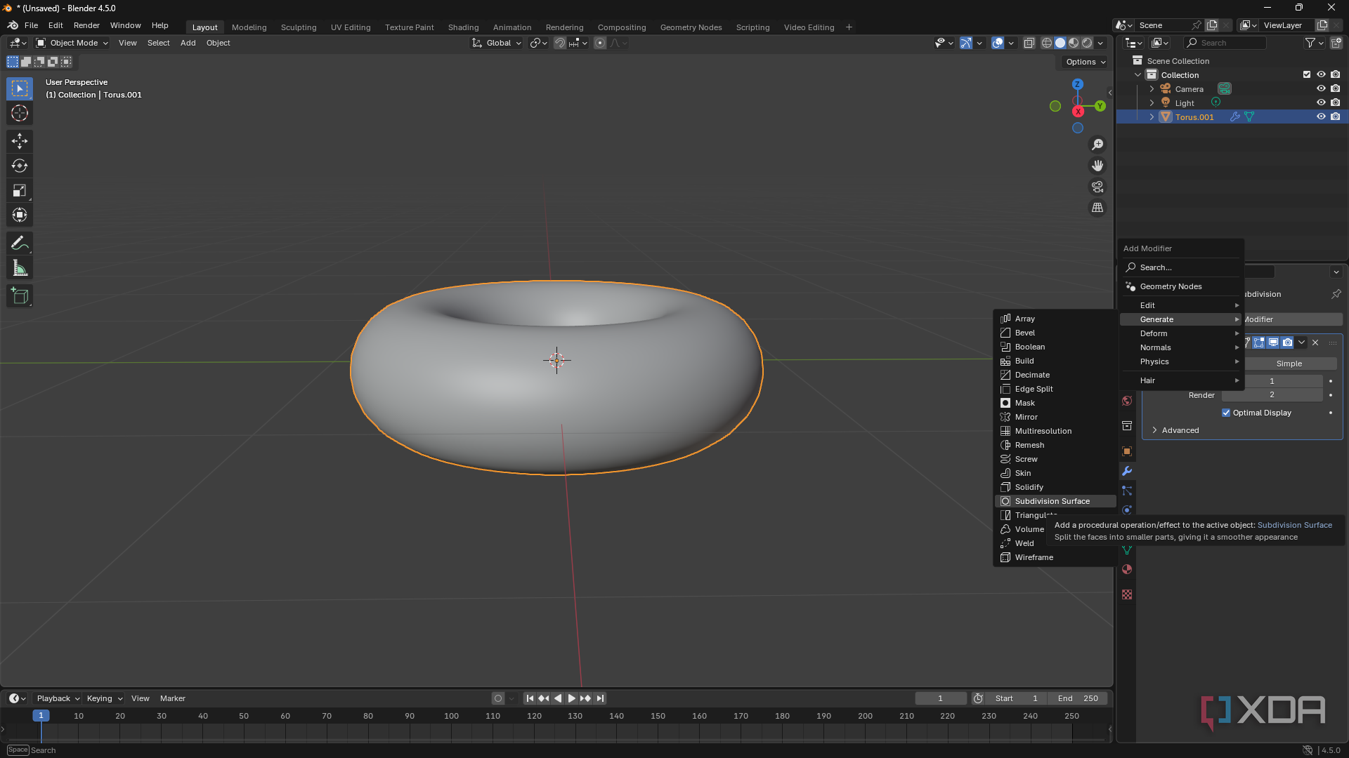 Adding Subdivision Surface Modifier in Blender, donut shape on canvas