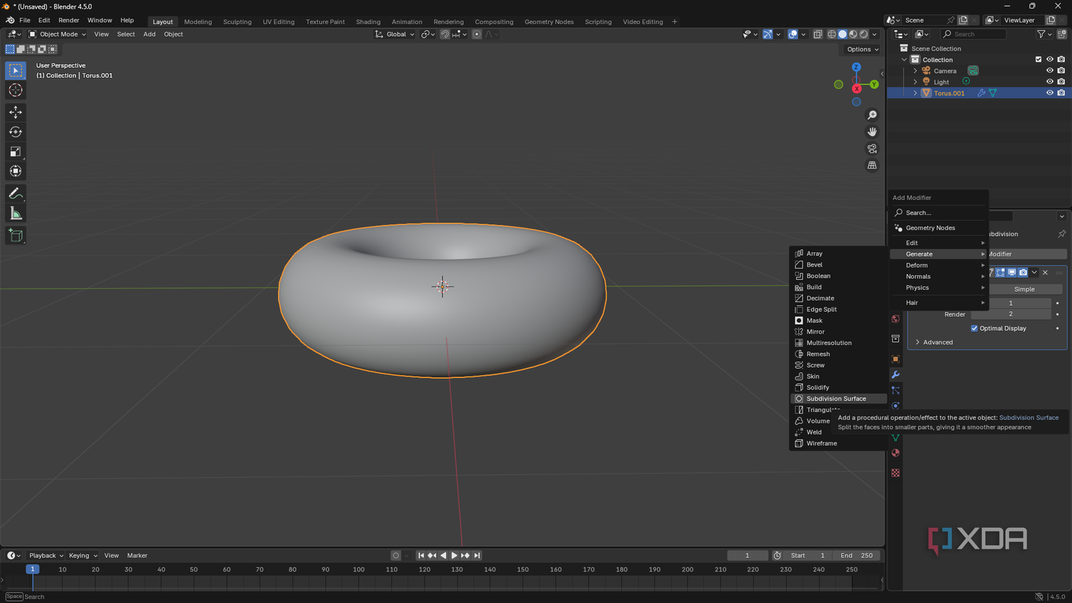 Adding Subdivision Surface Modifier in Blender, donut shape on canvas