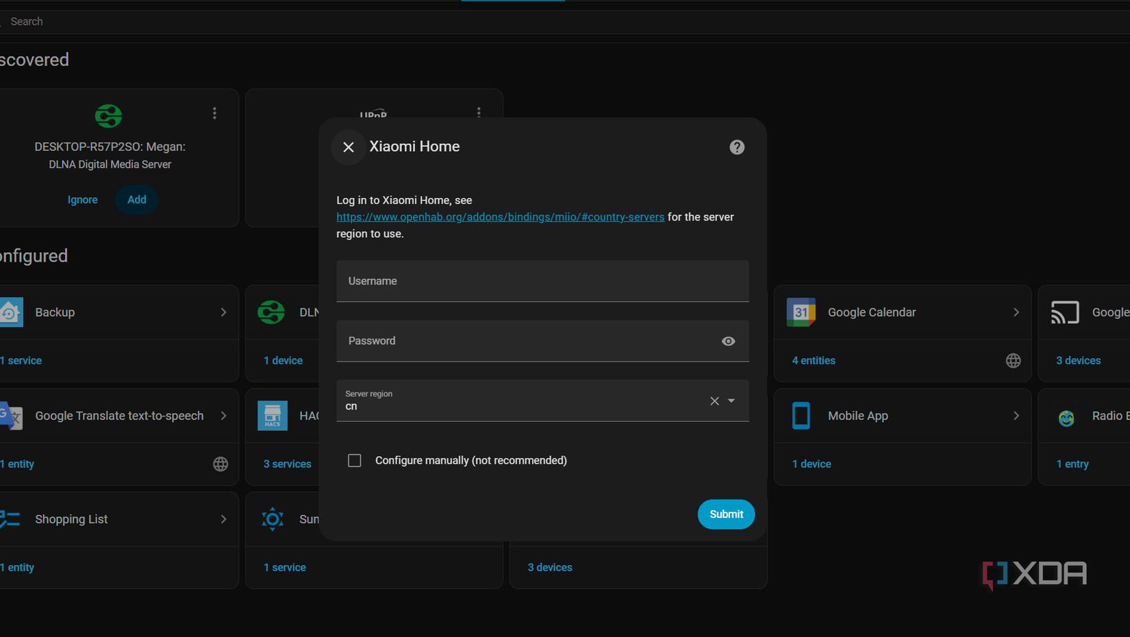 adding the xiaomi home integration to home assistant