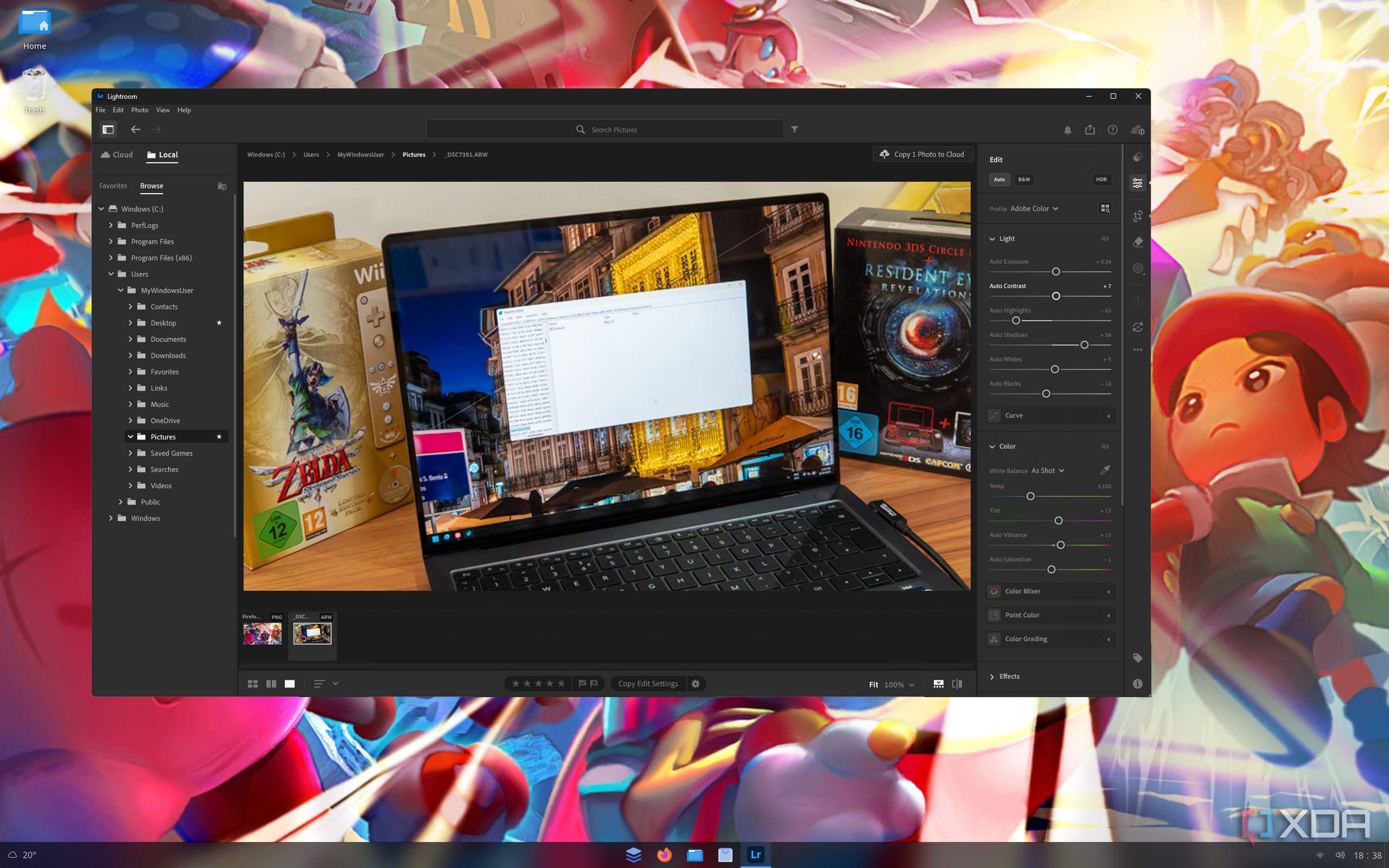 Screenshot of Adobe Lightroom editing a photo on a Linux PC using WinApps