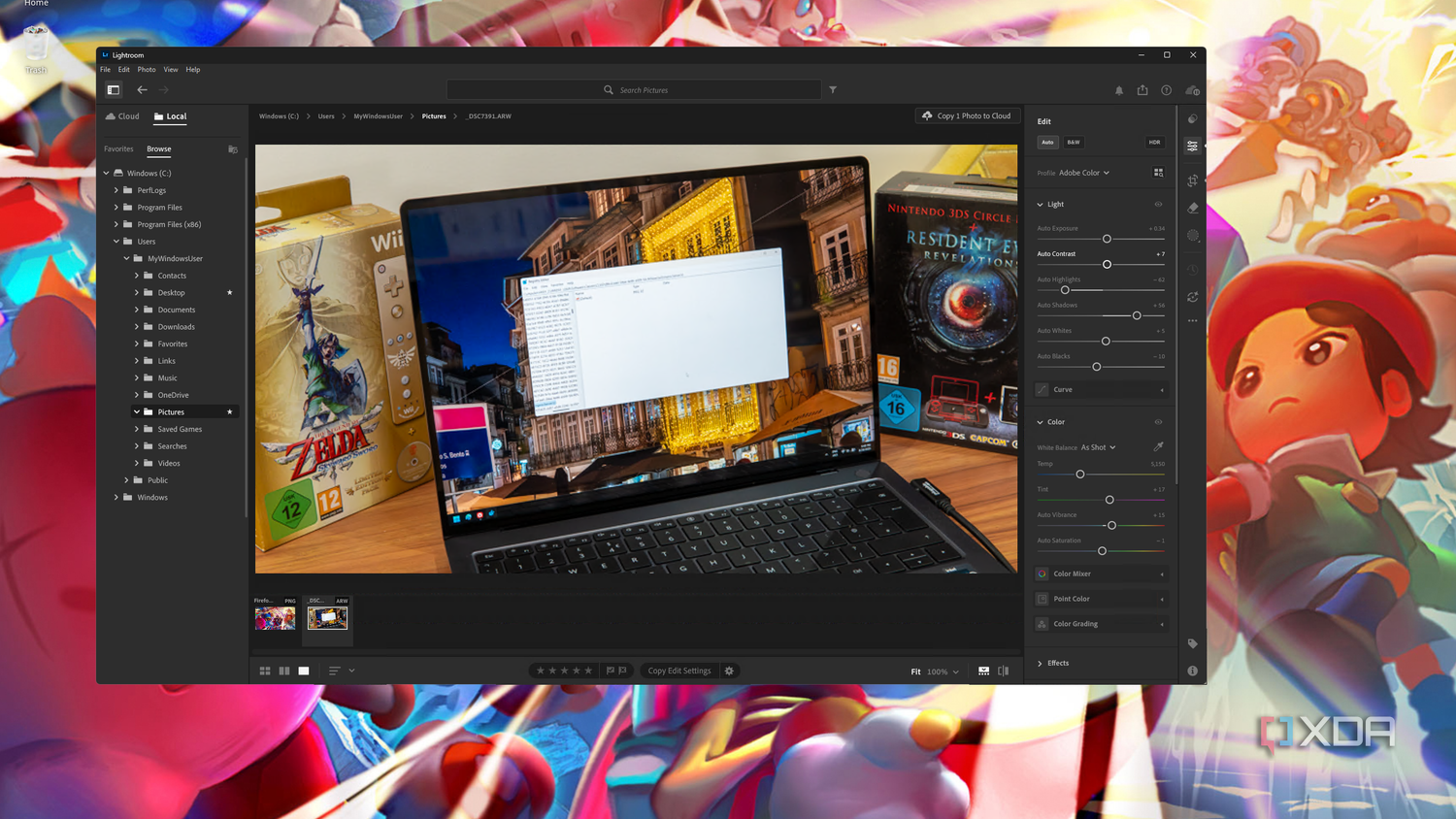 Screenshot of Adobe Lightroom editing a photo on a Linux PC using WinApps