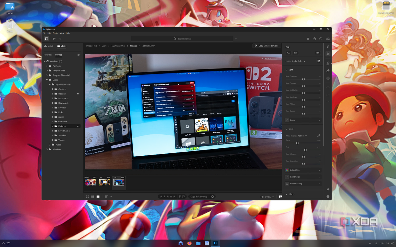 Screenshot of Adobe Lightroom editing a photo on a Linux PC using WinApps