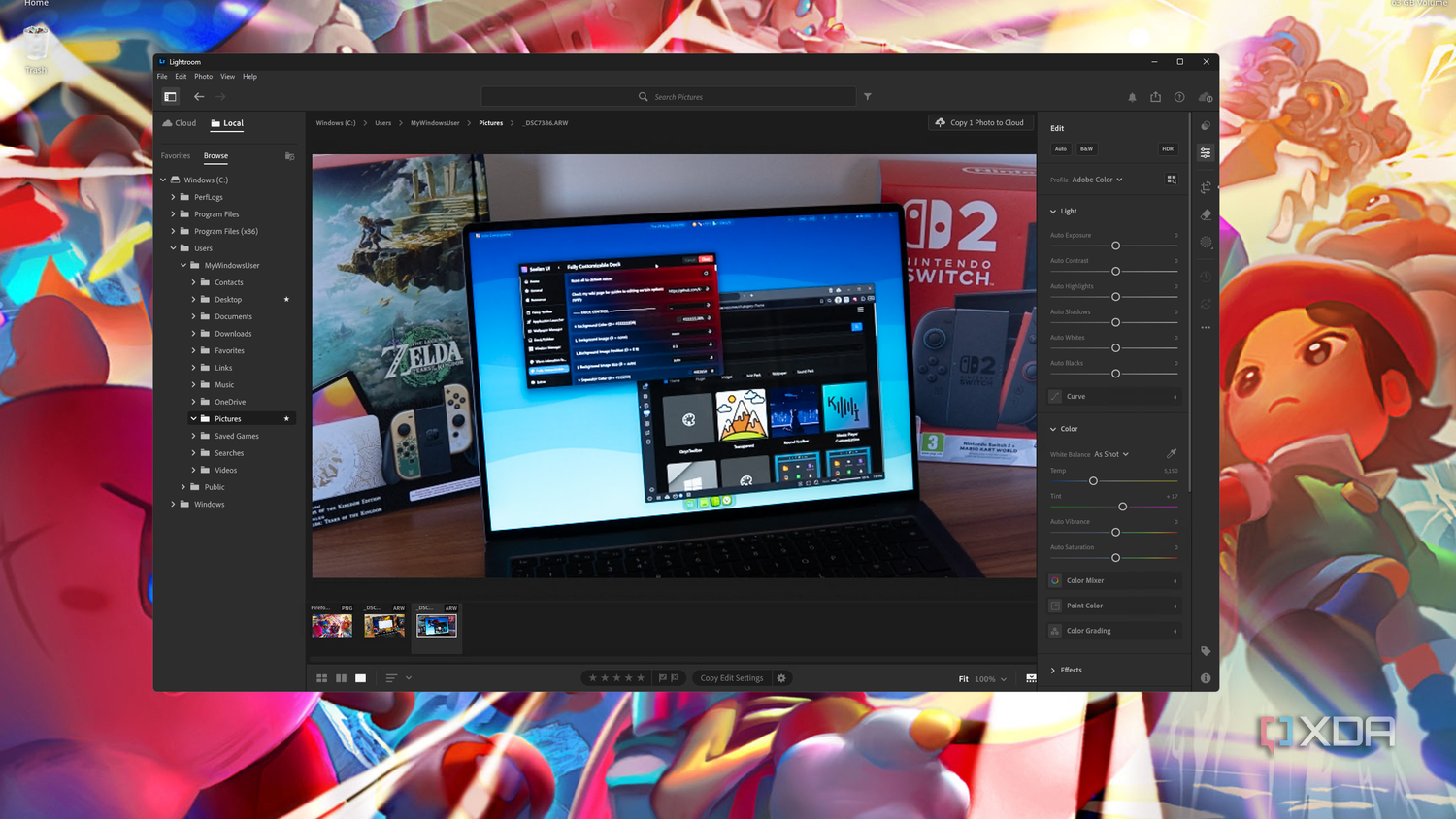 Screenshot of Adobe Lightroom editing a photo on a Linux PC using WinApps