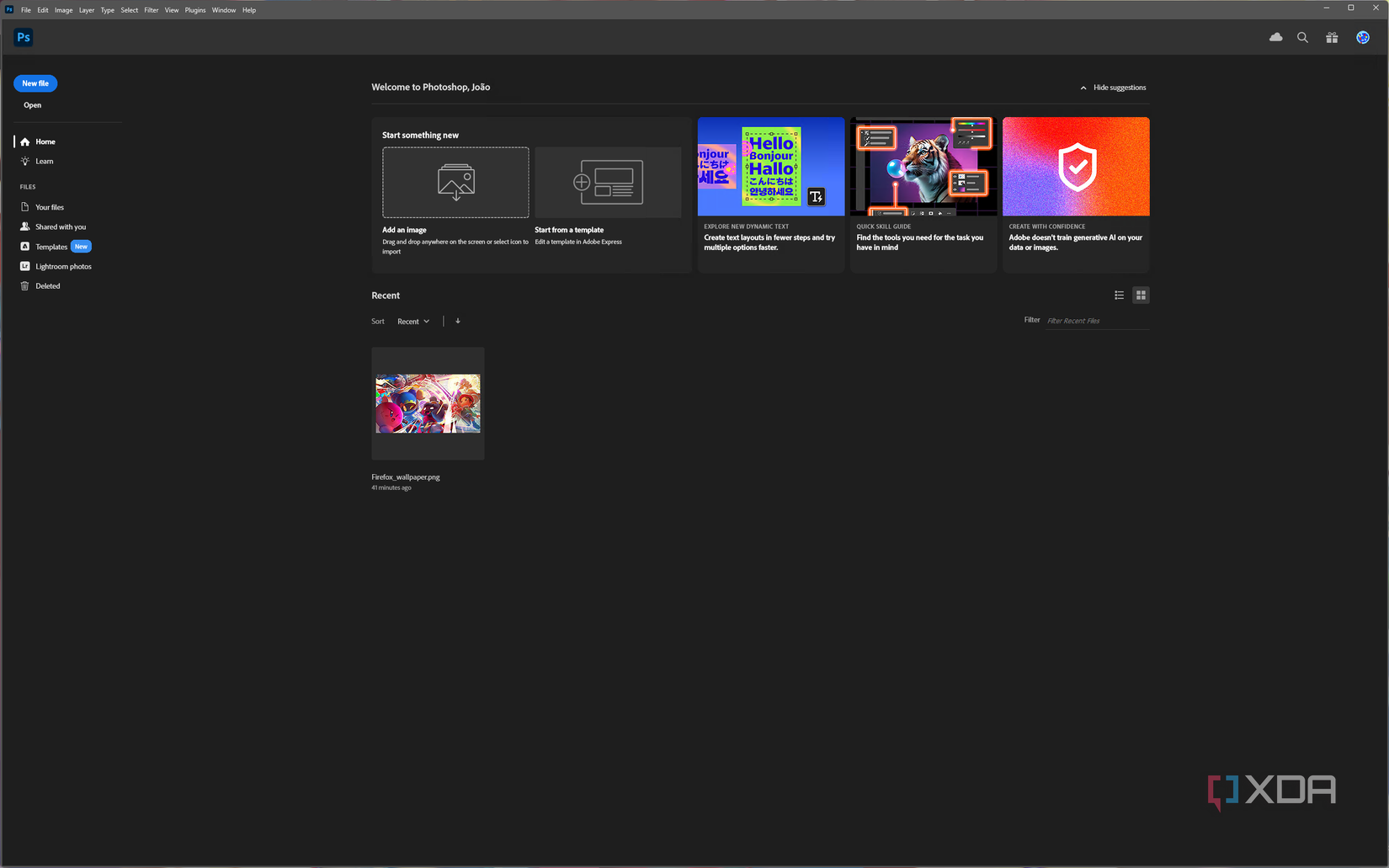 Screenshot of the Adobe Photoshop home page running in Linux through WinApps