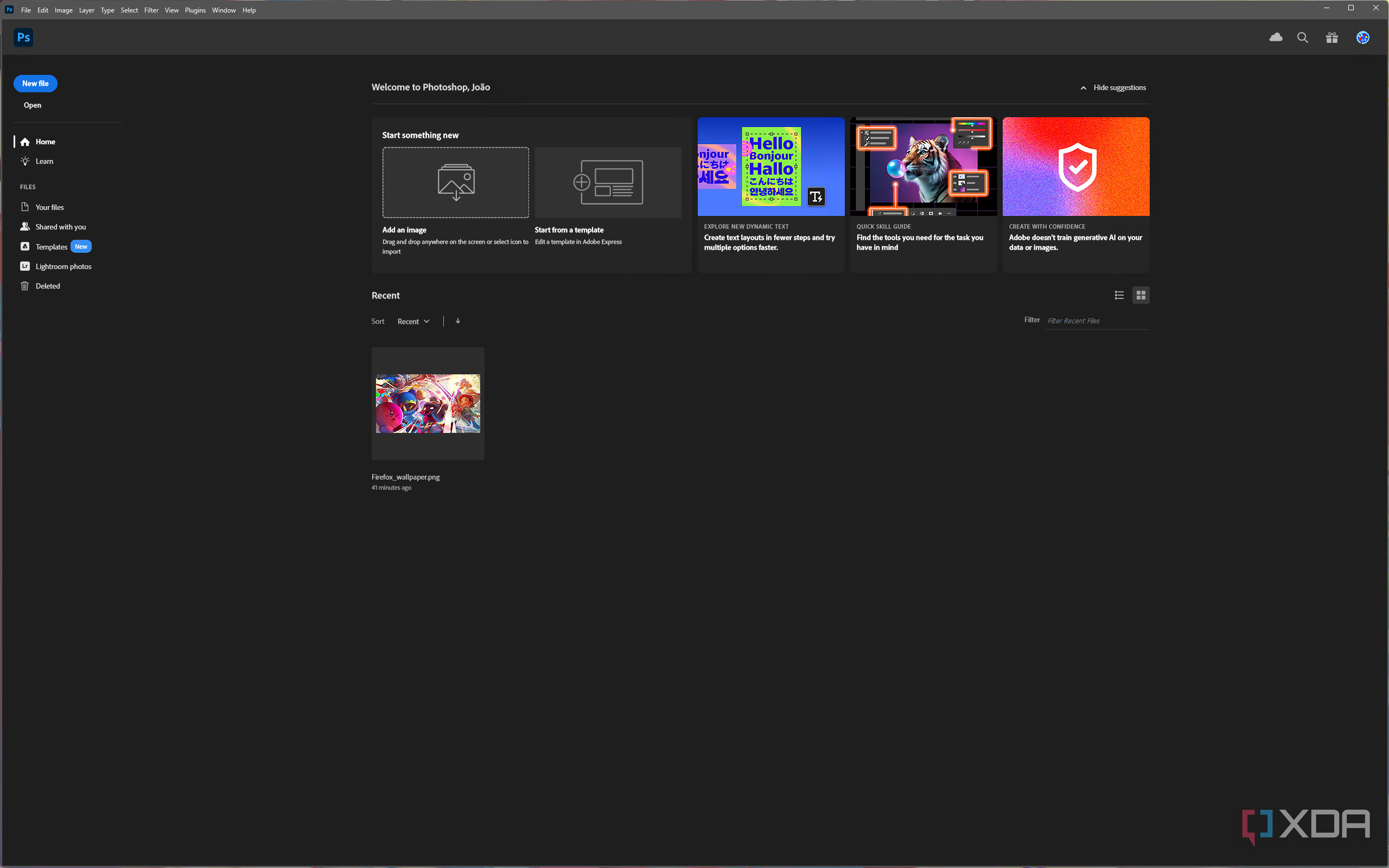 Screenshot of the Adobe Photoshop home page running in Linux through WinApps