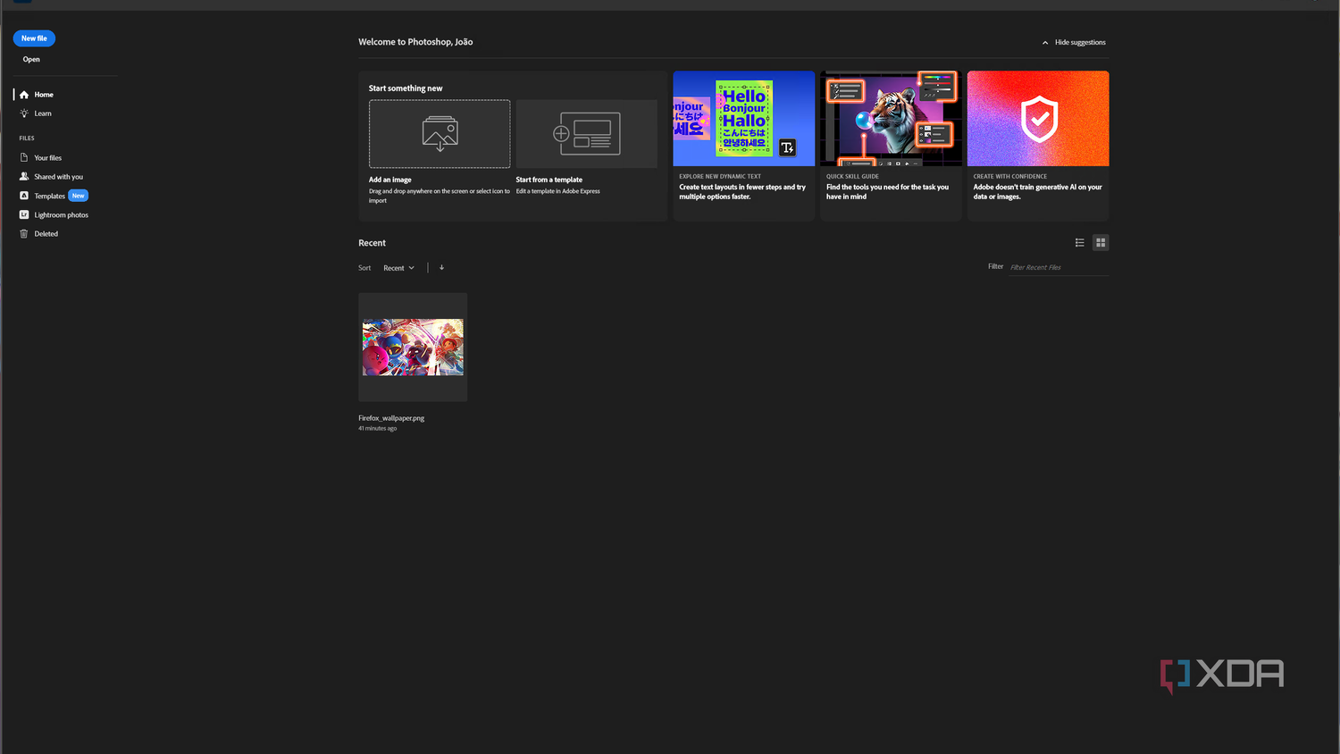 Screenshot of the Adobe Photoshop home page running in Linux through WinApps