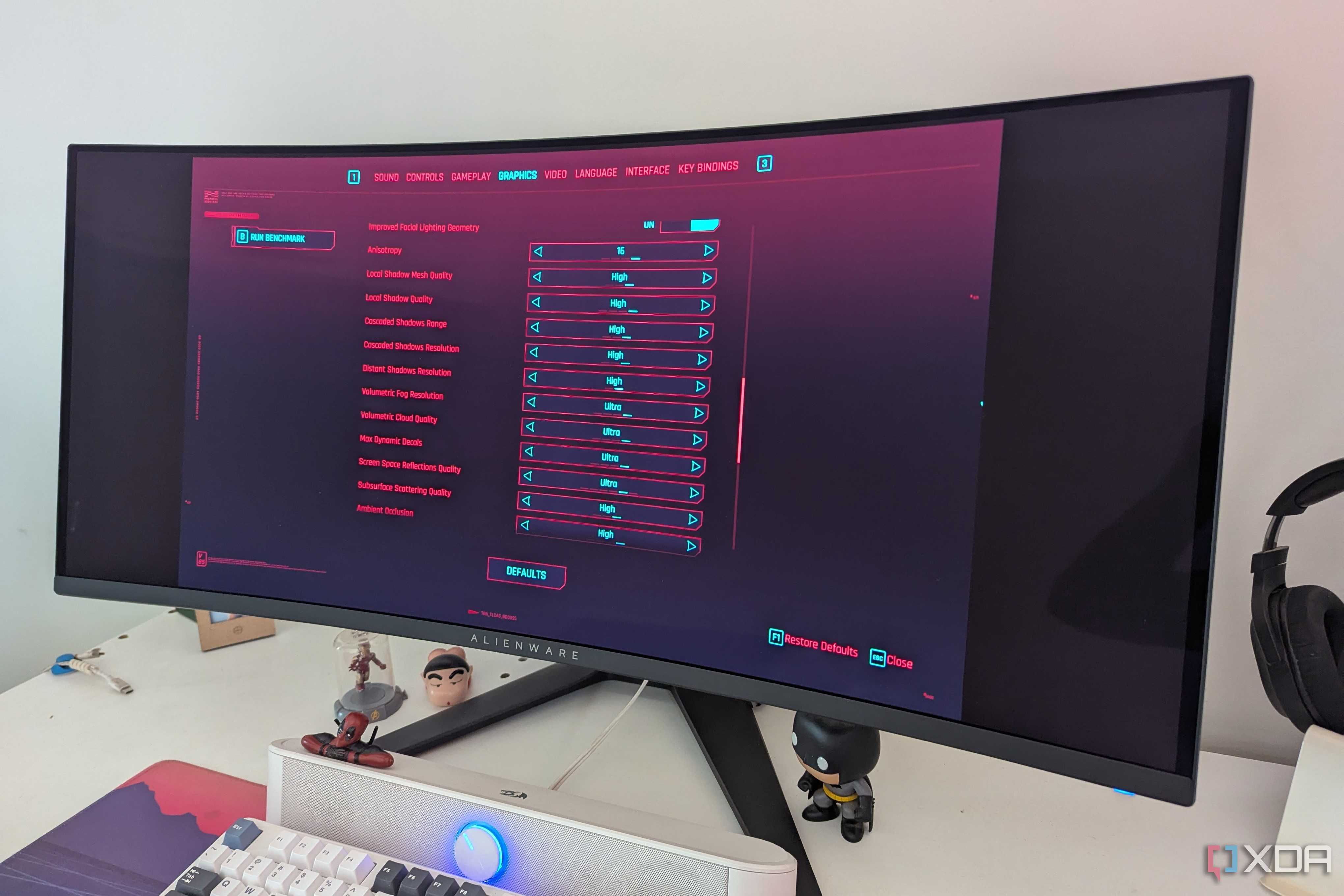 An ultrawide monitor showing the graphics settings of Cyberpunk 2077