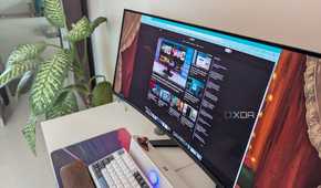 A curved ultrawide monitor on a desk next to a plant