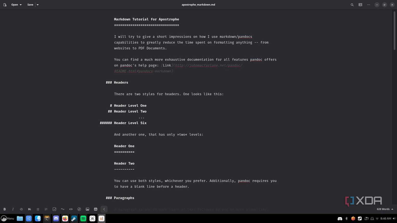 A screenshot of an example document open in the Apostrophe markdown app in Linux