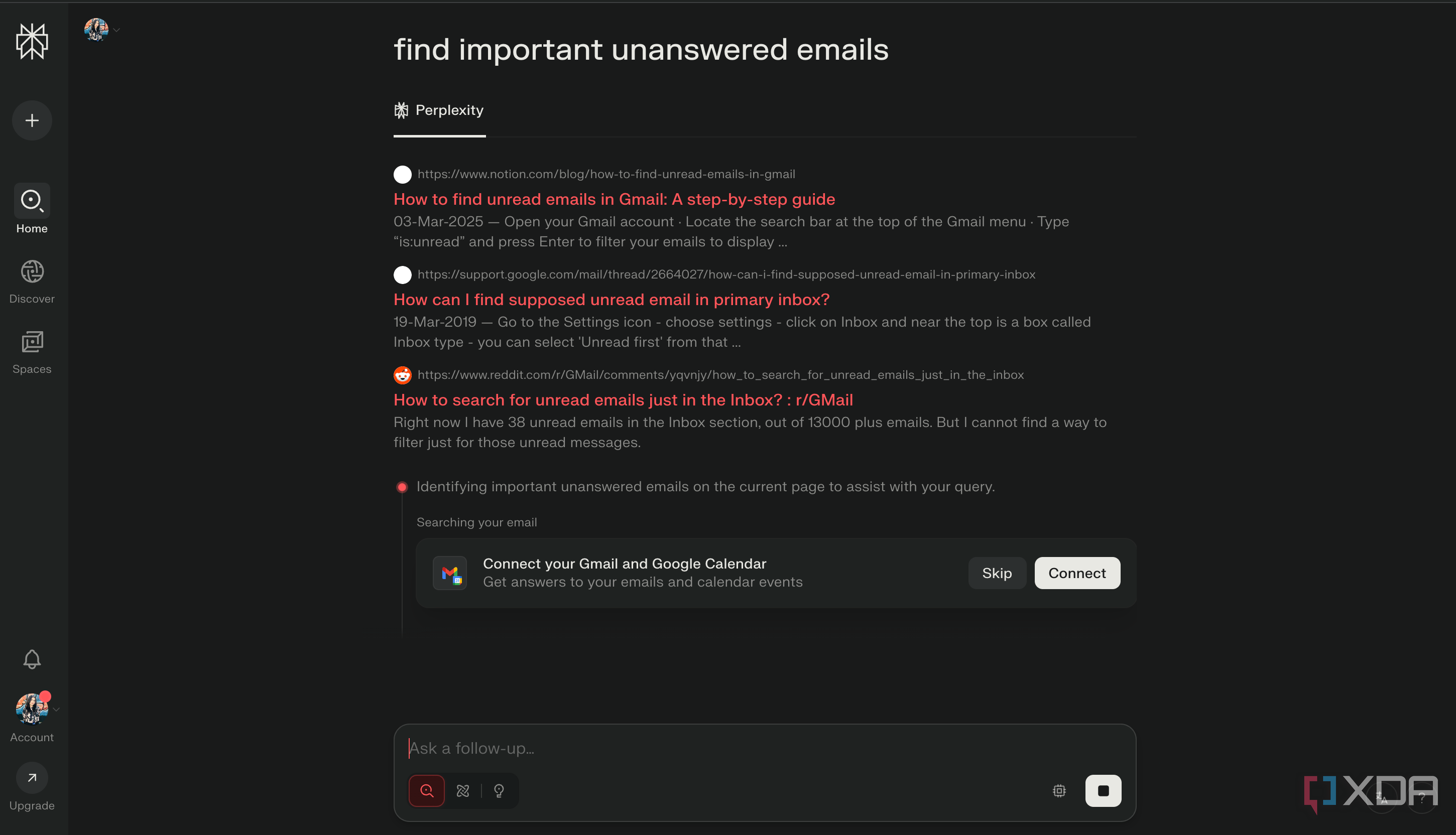 Asking Comet to find important unanswered emails