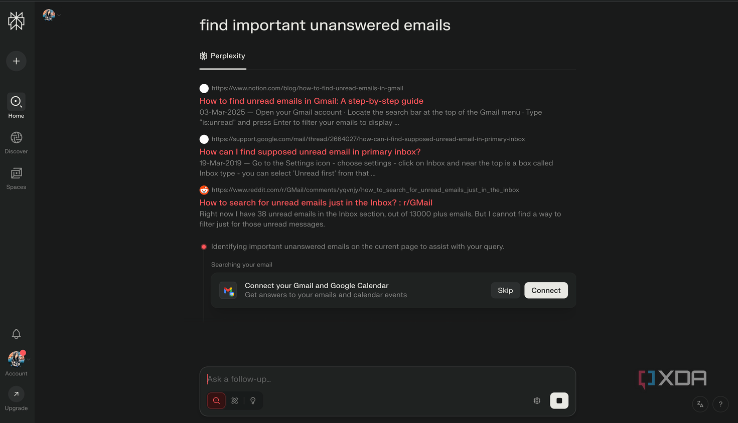 Asking Comet to find important unanswered emails