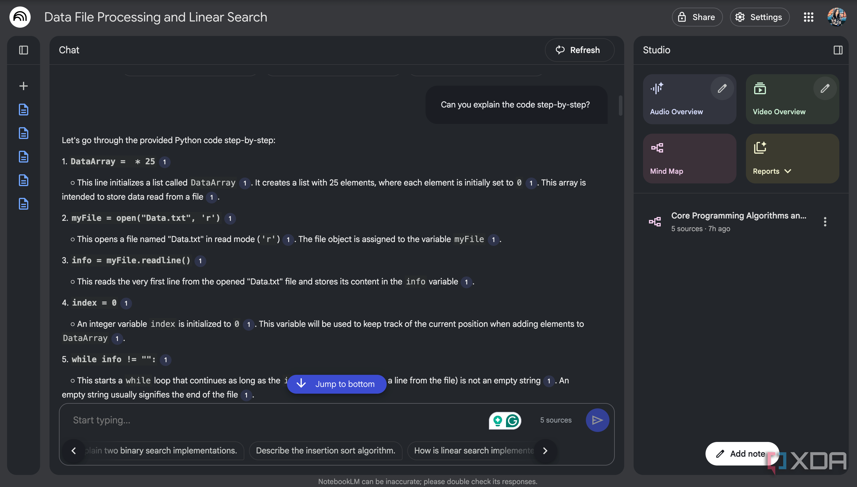 Asking NotebookLM to explain the code step by step