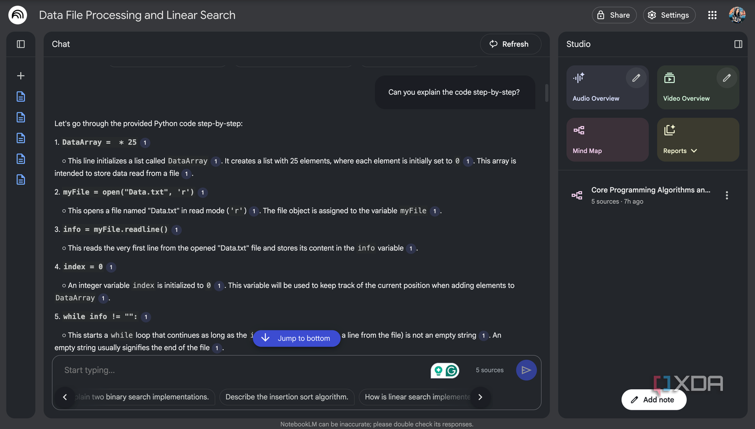 Asking NotebookLM to explain the code step by step