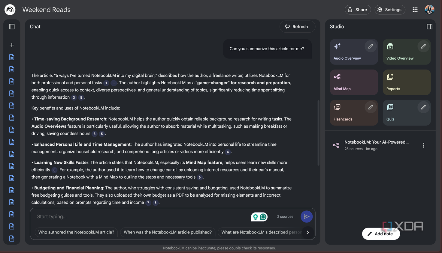 asking NotebookLM to summarize an article