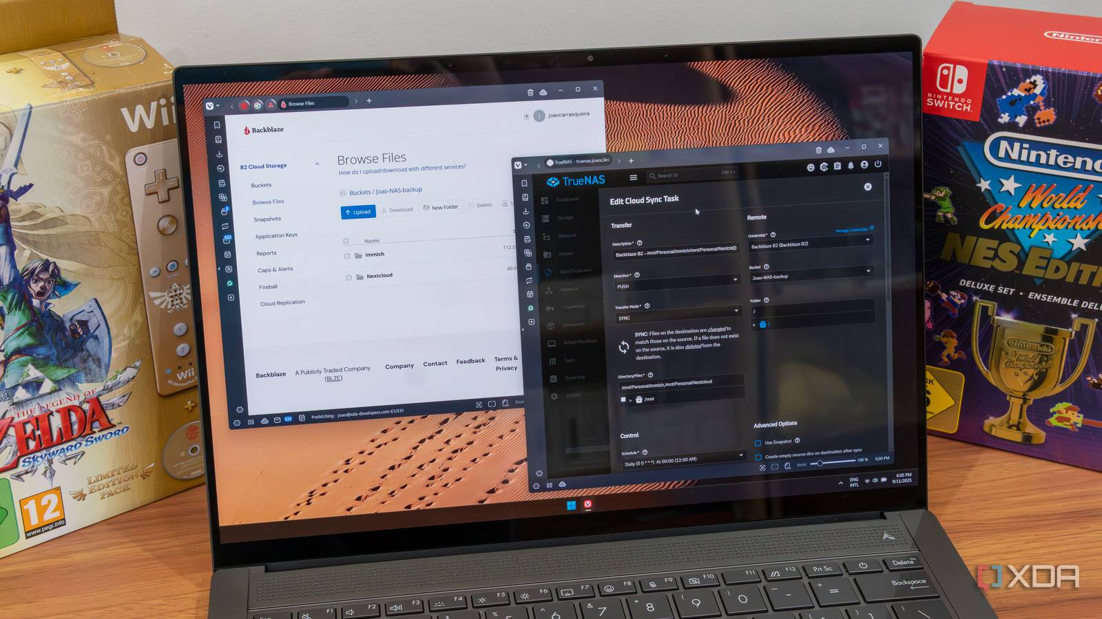 A Windows 11 laptop showing backup settings in TrueNAS and a Backblaze file browser