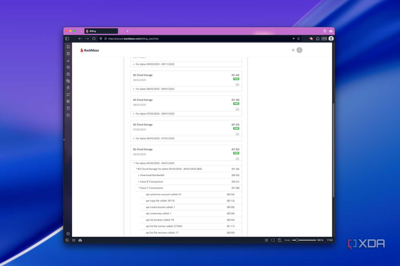 Screenshot of billing history for Backblaze